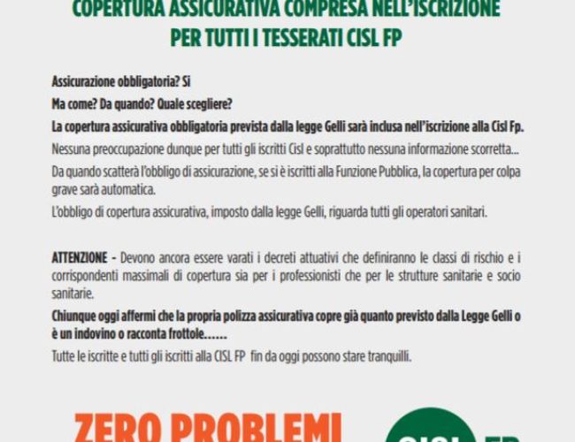 Legge Gelli, l’assicurazione sarà inclusa nell’iscrizione Cisl FP